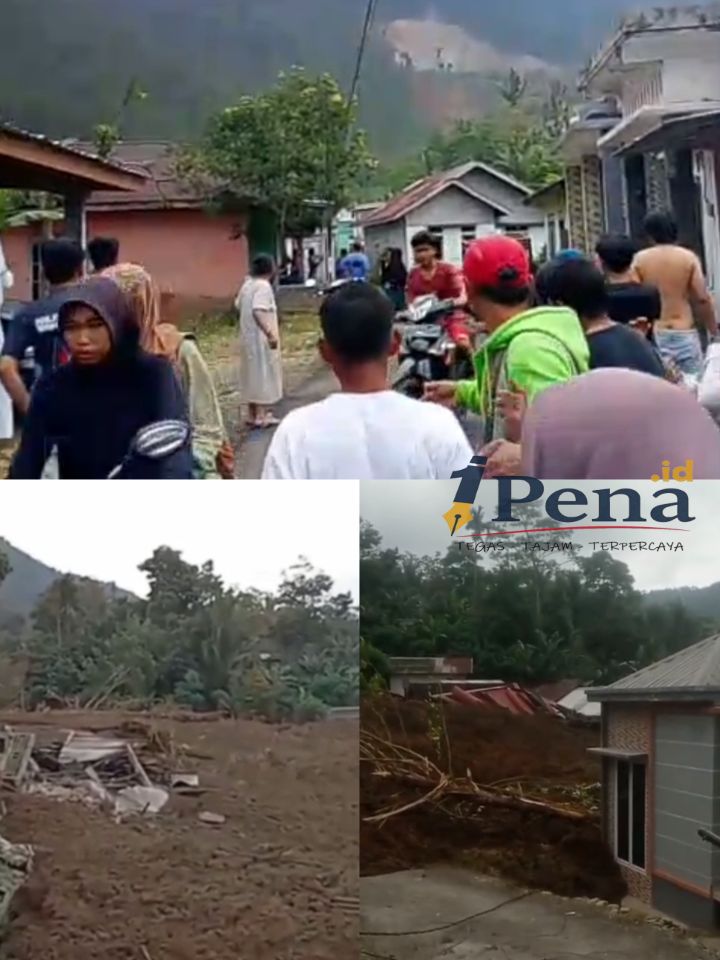 Foto suasana longsor di Dusun Situkung, Desa Pandanarum, Banjarnegara. Warga panik berlarian meninggalkan rumah, sementara material tanah menimbun permukiman dan merusak bangunan.