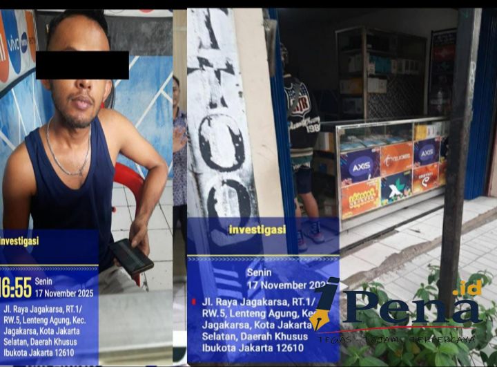 Konter HP di Jagakarsa yang diduga menjual obat keras Golongan G, penjaga toko, dan suasana lokasi investigasi media.